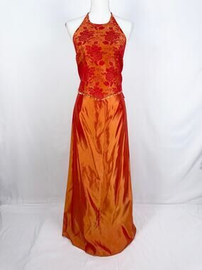 Jessica McClintock Gunne Sax Vintage 2000s Satin Halter Skirt Set Women's Orange